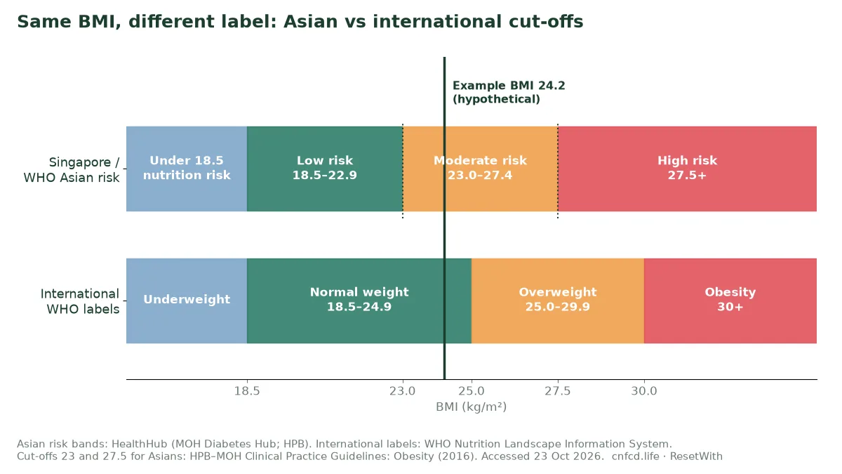 Chart comparing Singapore's Asian BMI risk bands (23.0 and 27.5) with the international WHO cut-offs (25 and 30) on the same BMI scale