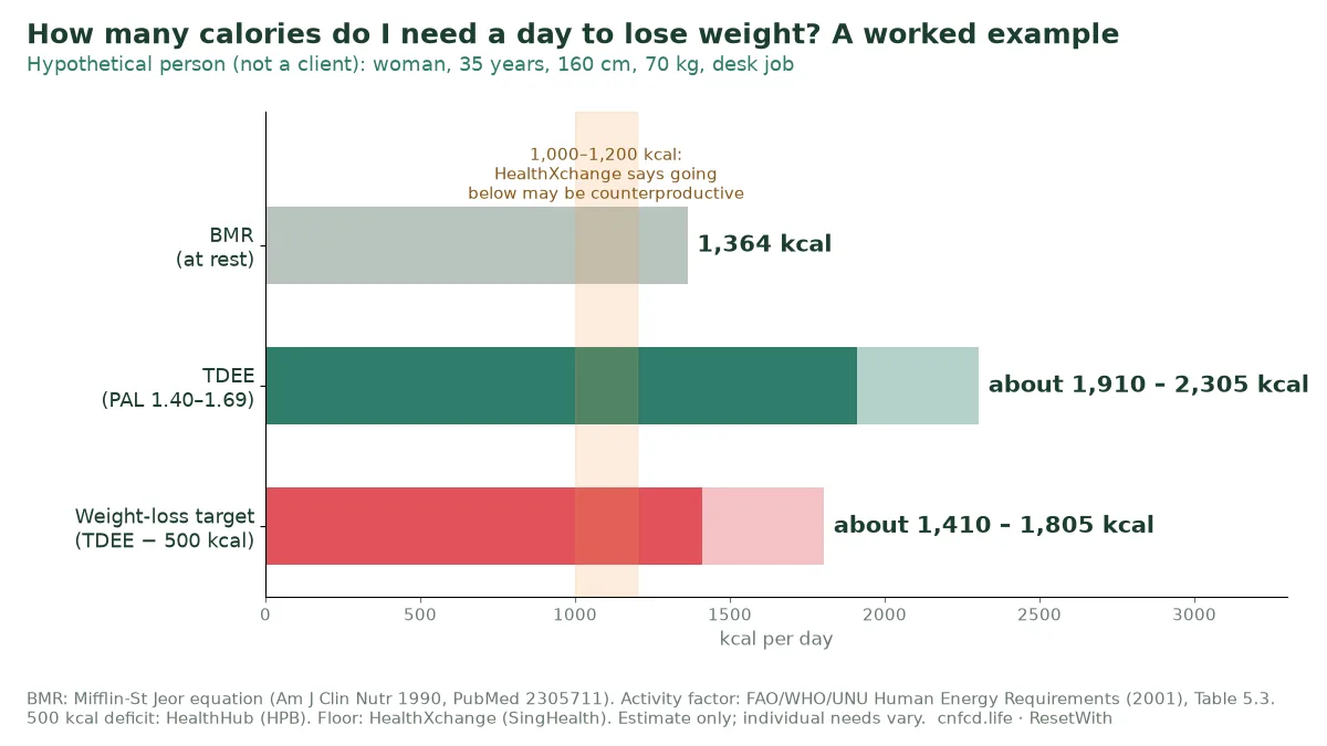 Worked example chart: BMR 1,364 kcal, TDEE about 1,910 to 2,305 kcal, and a weight-loss target about 1,410 to 1,805 kcal for a 35-year-old woman, 160 cm, 70 kg