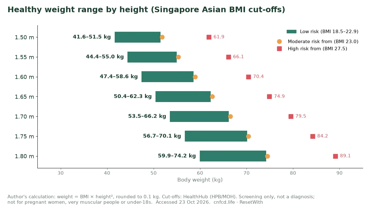 Chart of the low-risk weight range for heights from 1.50 m to 1.80 m, with the weights where moderate risk (BMI 23.0) and high risk (BMI 27.5) begin